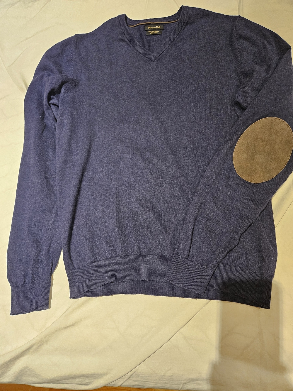 Massimo Dutti Men’s V-Neck Sweater in Navy with Elbow Patch